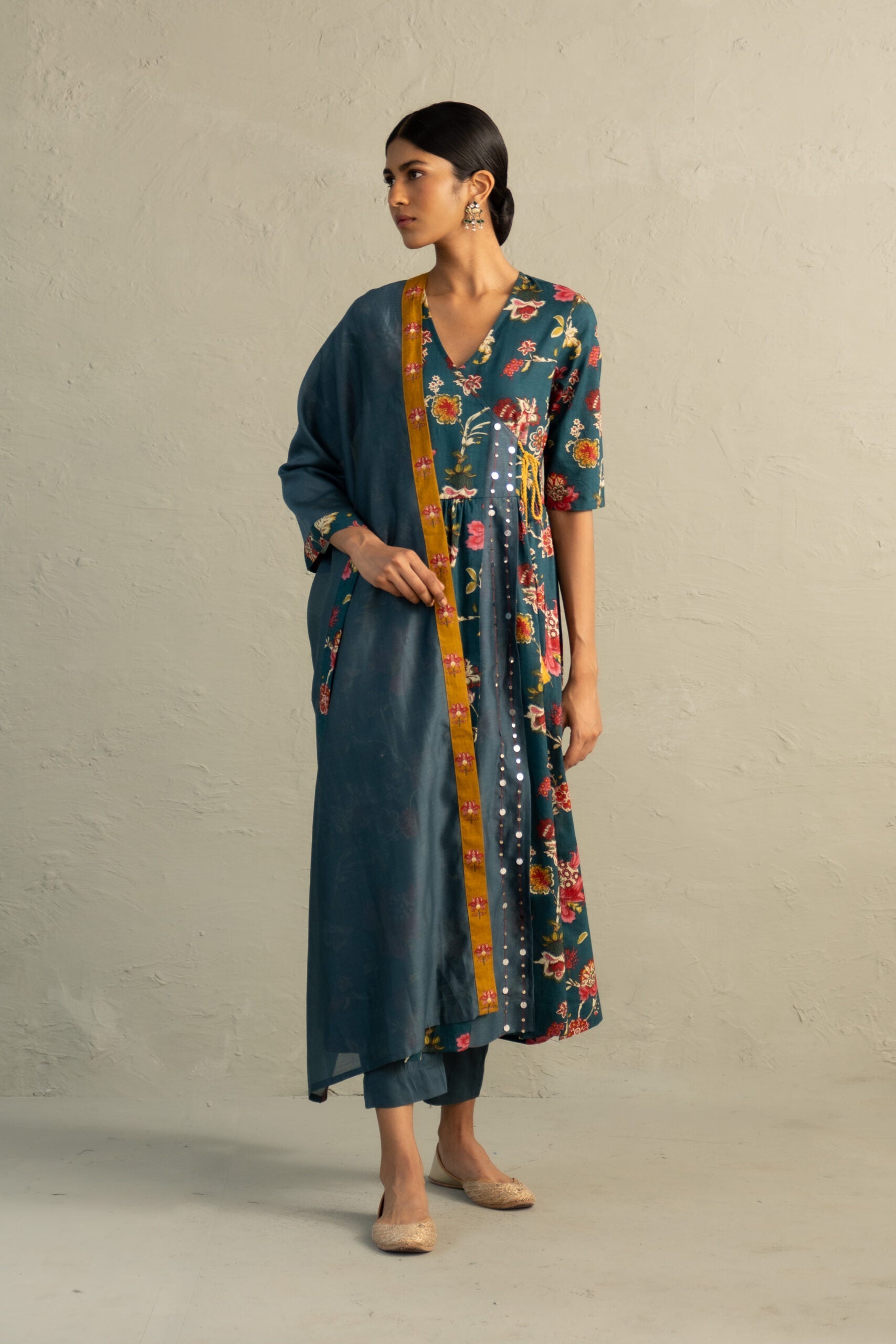 Teal Phool Dori Angrakha Straight Kurta Set