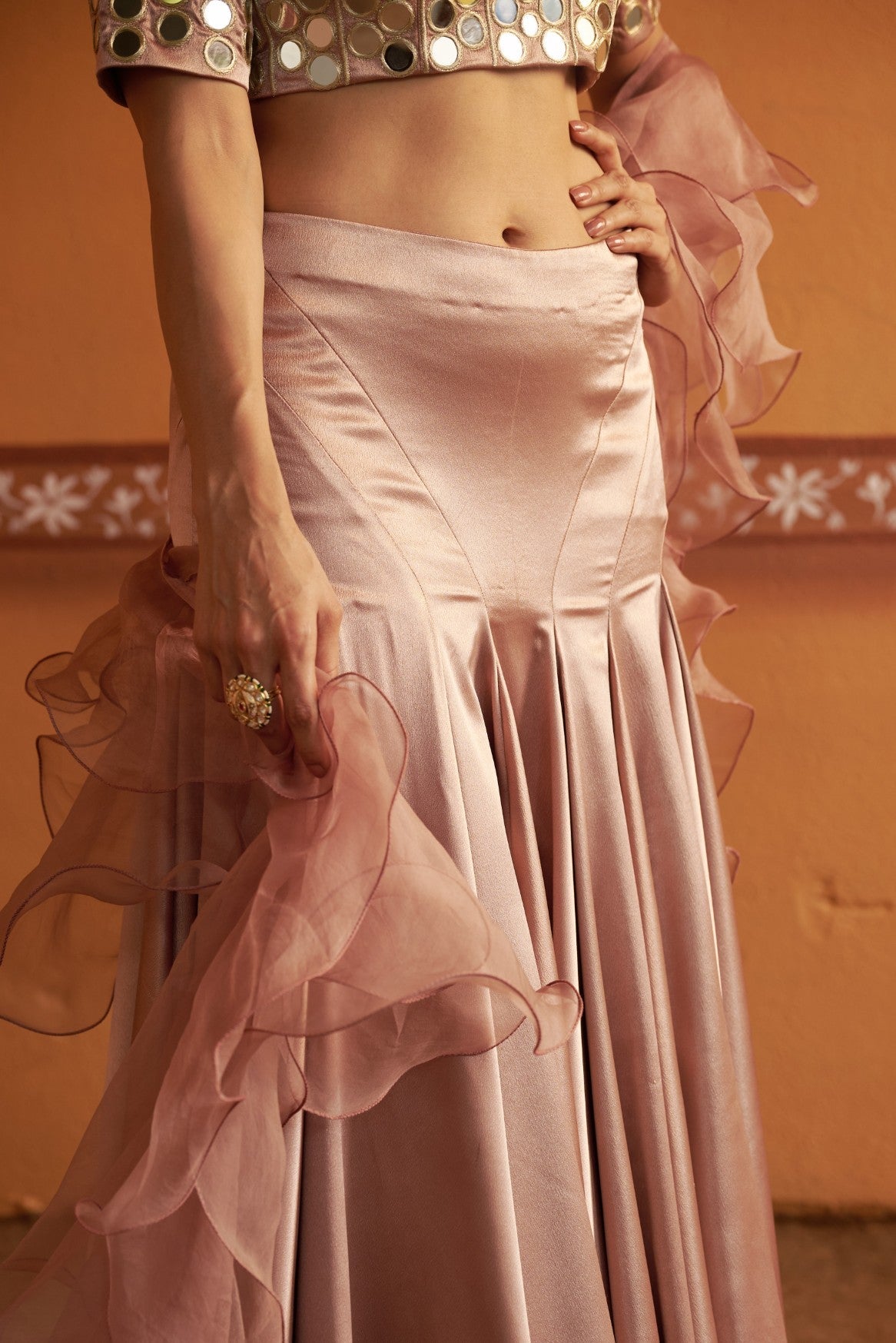 Hand-Embroidered Mirror Work Blouse with Blush Pink Kalidar Lehenga & Ruffle Dupatta
