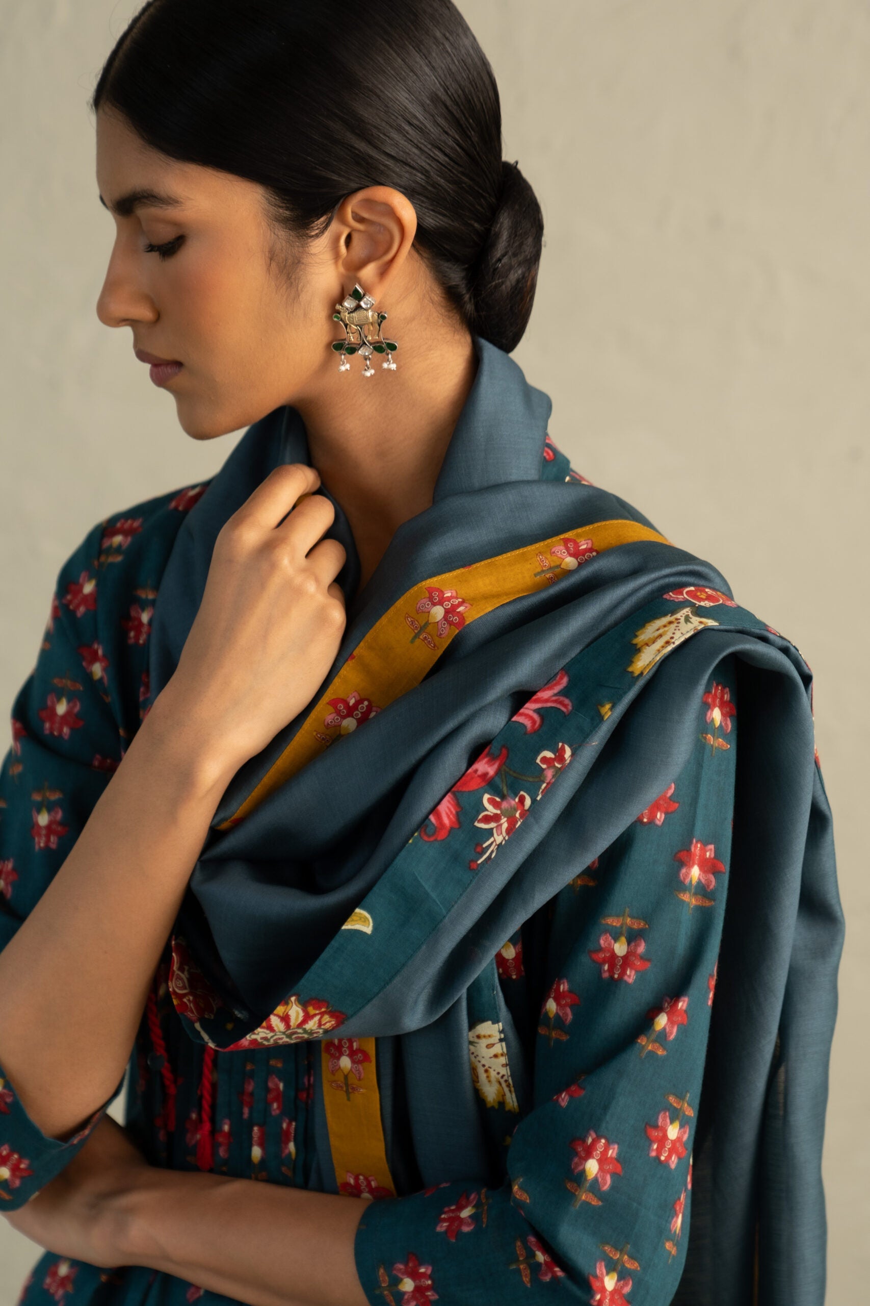 Teal Phool Dori Pintuck Kurta Set