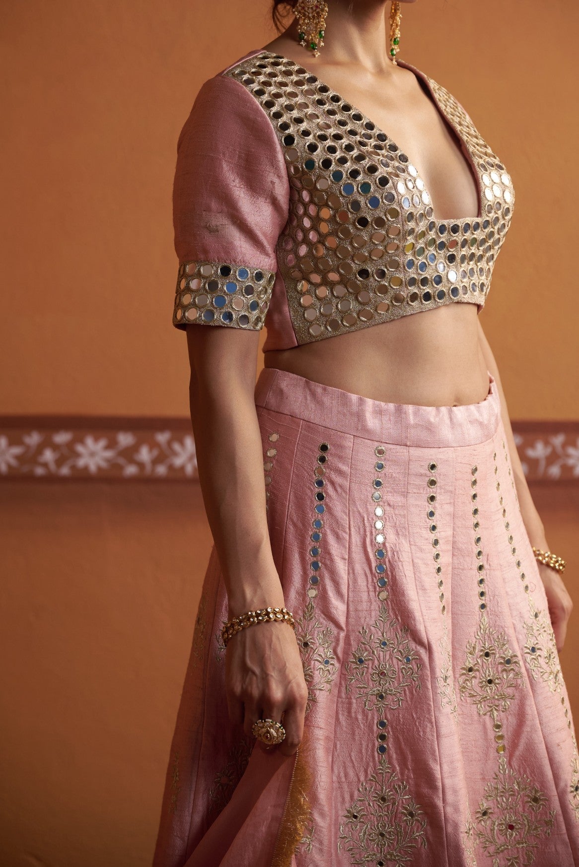 Kalidar blush pink hand embroidered lehenga with blouse and dupatta