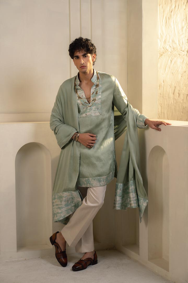 Mint Green Linen Silk Kurta Set with dupatta