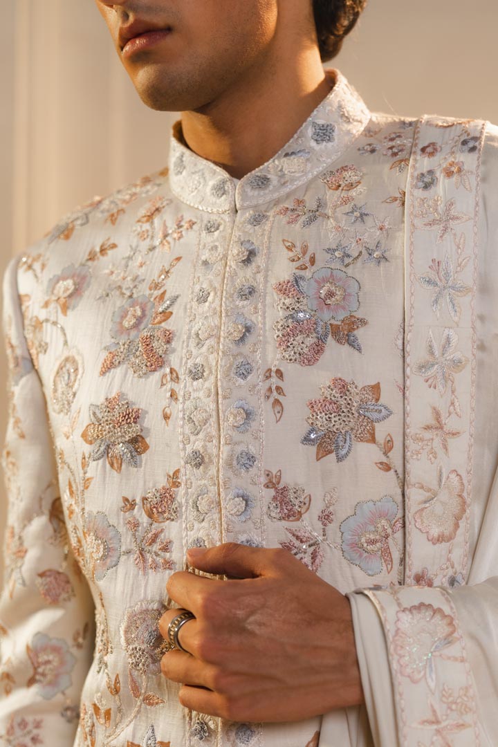 Ivory silk hand painted and hand embroidered sherwani set