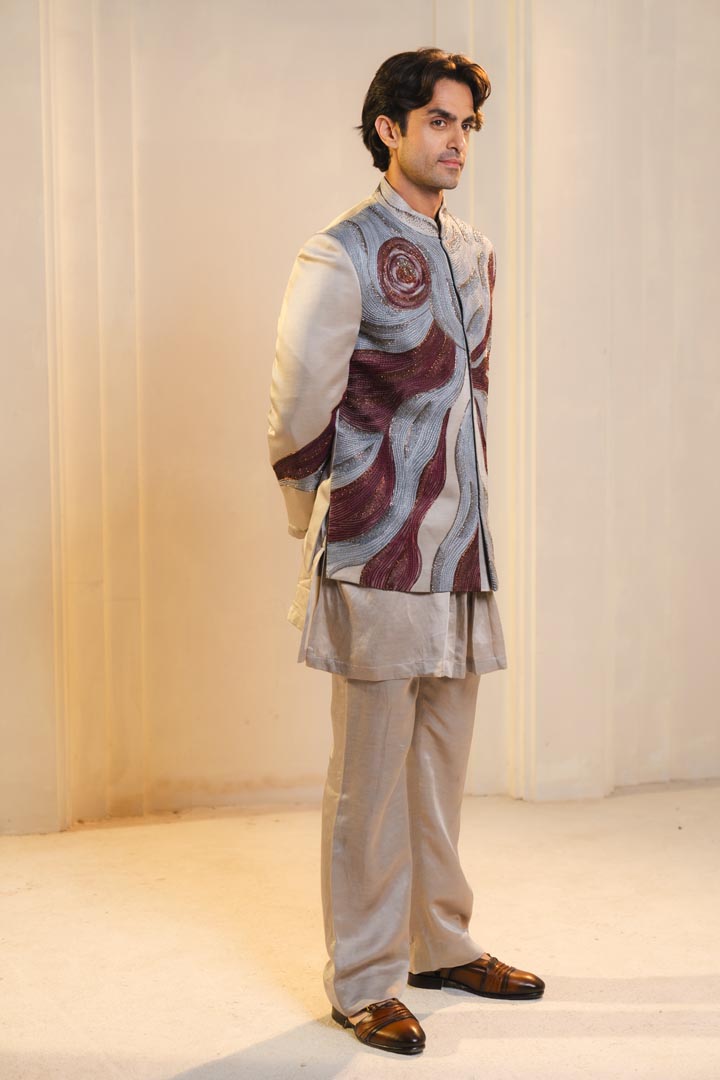 silver and wine handpainted silk bandhgala set