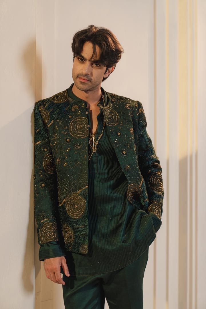Forest Green hand embroidered short jacket set