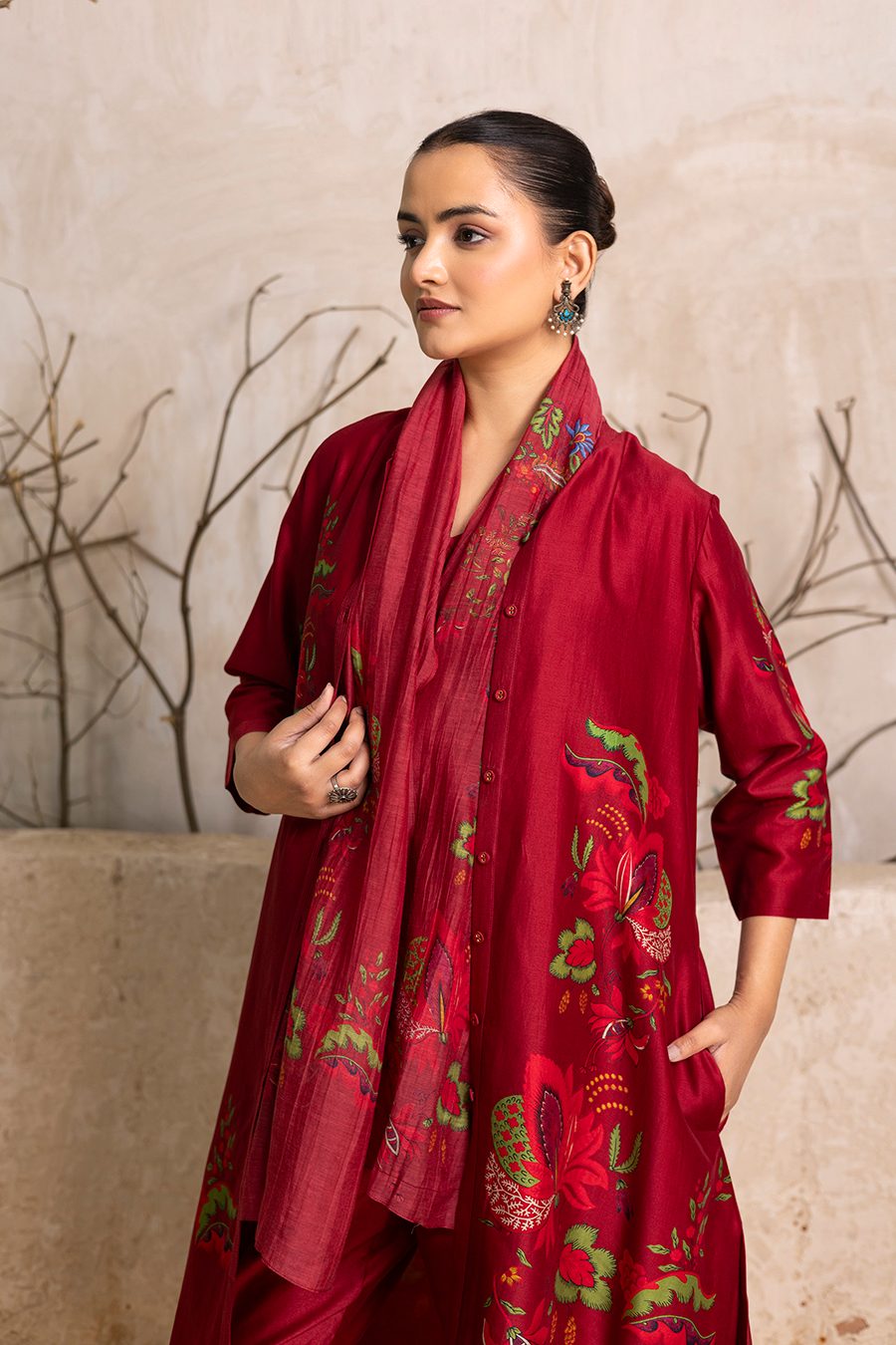 Red Silk Chanderi Printed Front Open Floral Dress (1 PC)