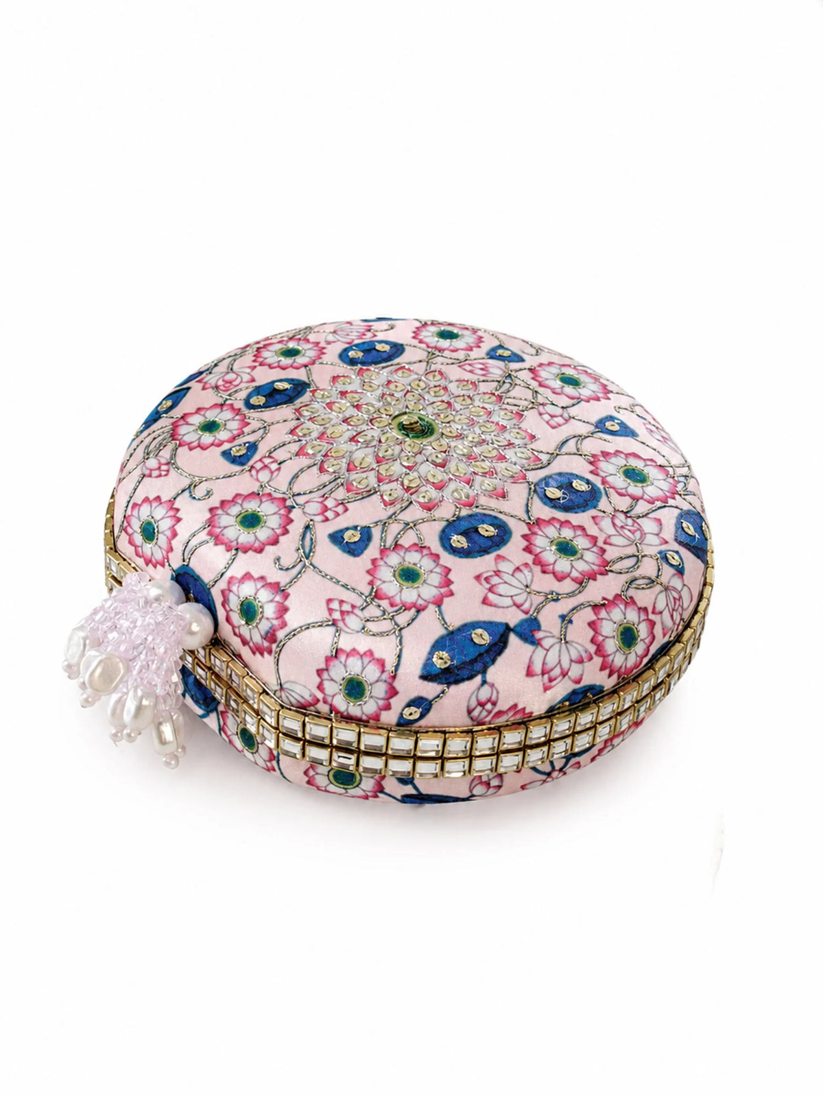 Pink Pichwai Lotus Embellished Round Clutch Bag with Beaded Handle