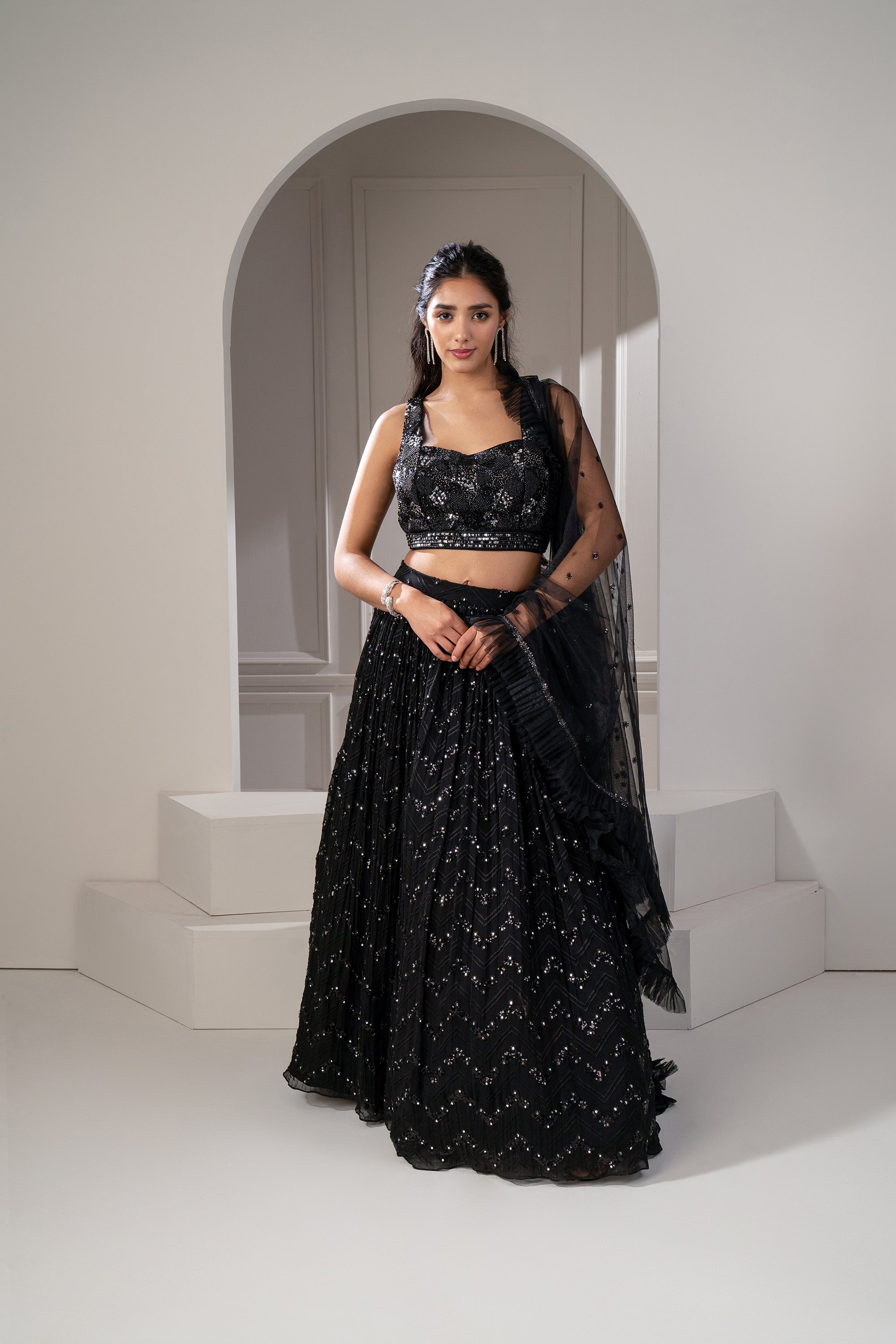 Jet Black Sequins Embroidered Georgette Lehenga Set