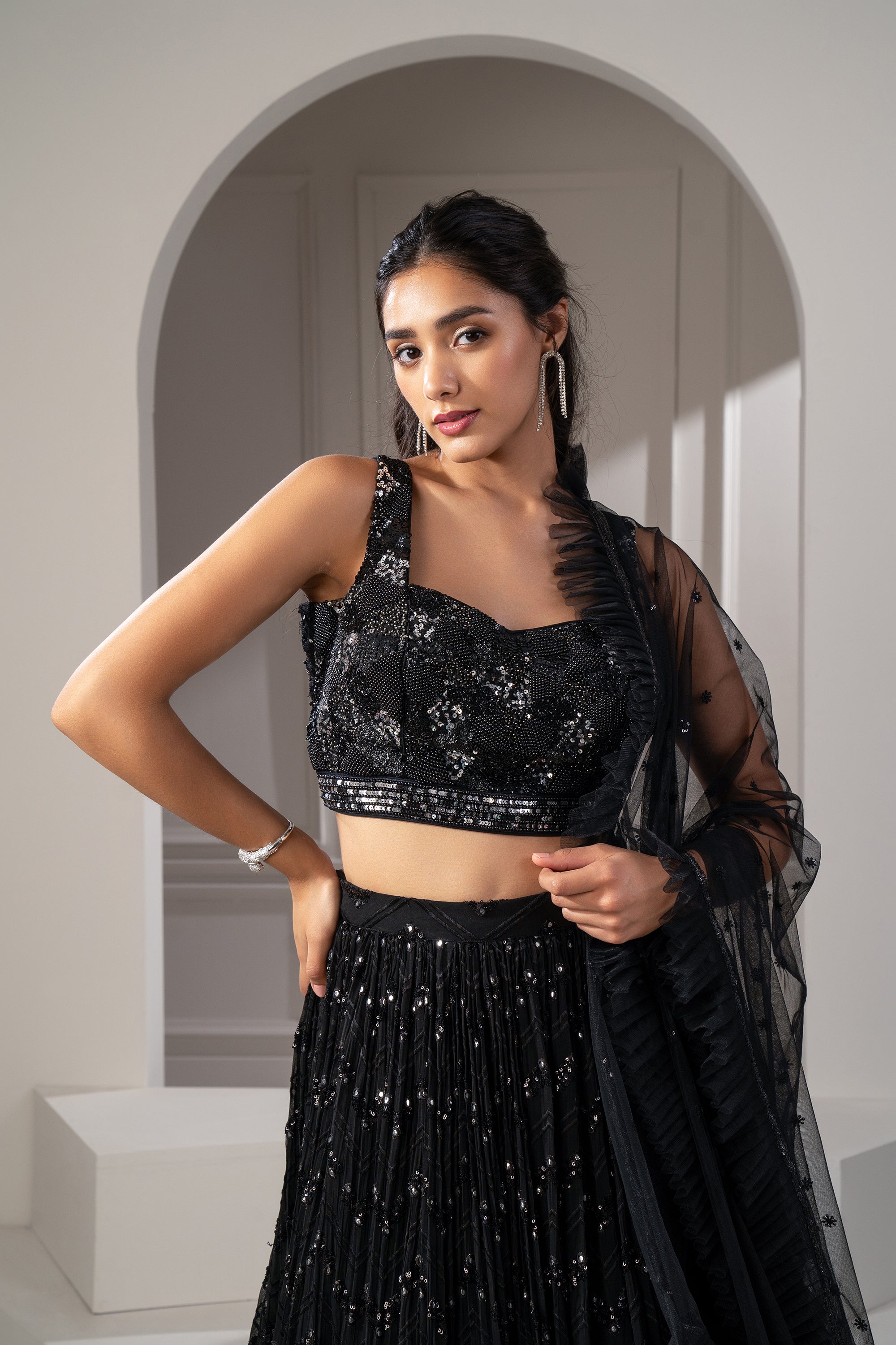 Jet Black Sequins Embroidered Georgette Lehenga Set