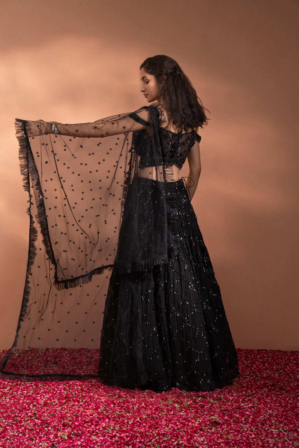 Caviar Black Sequinned Net And Satin Lehenga - Auraya Fashion -  - #tag1# - #tag2# - #tag3# - #tag3#