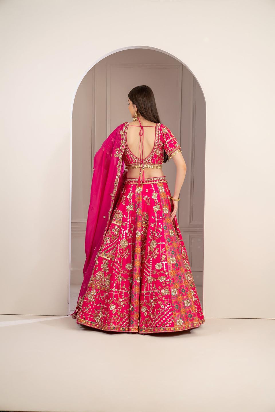 Hot Pink Raw Silk Hand Embroidered Lehenga - Auraya Fashion -  - #tag1# - #tag2# - #tag3# - #tag3#