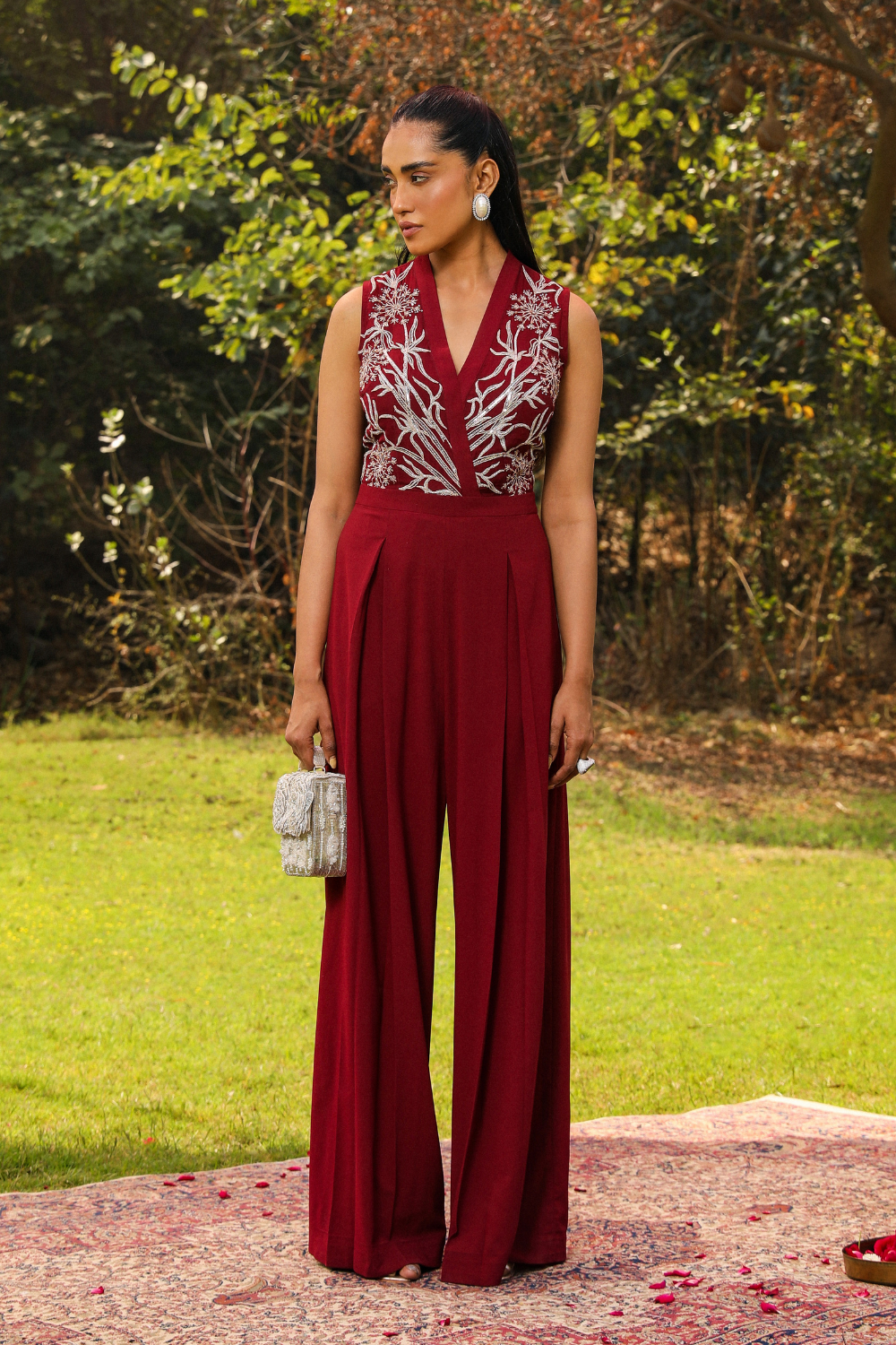 Flora Embroidered Wine Georgette Flared Jumpsuit for Weddings
