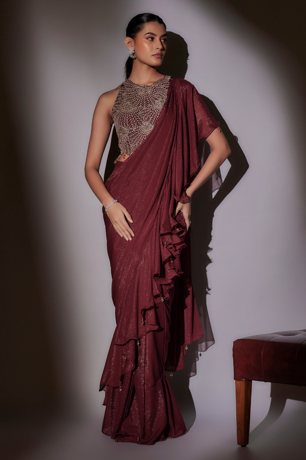 Sana Pre-Draped Wine Saree with Halter Neck Leaf Embroidery Blouse
