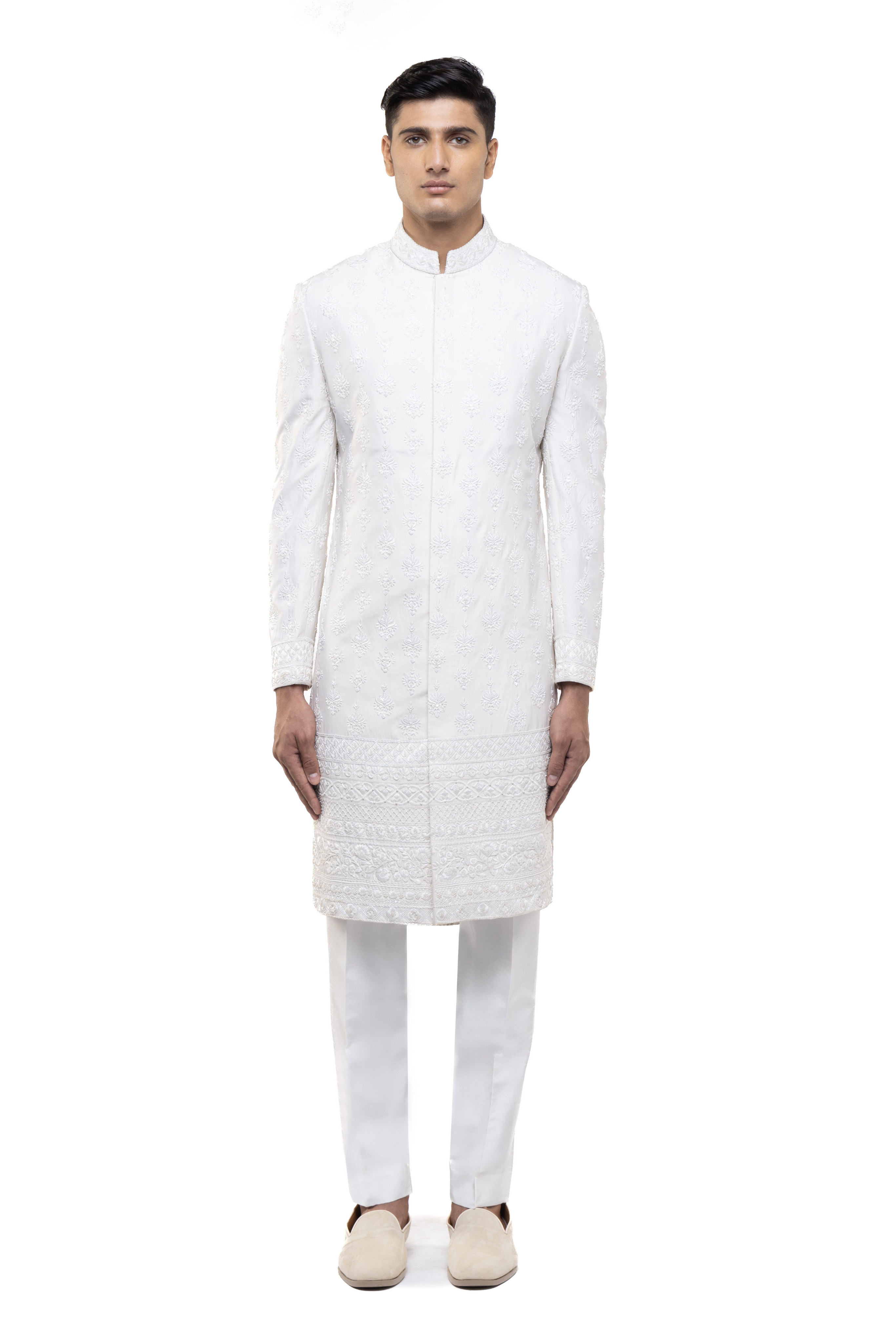 Ivory Silk Mughal Floral Embroidery Sherwani Set