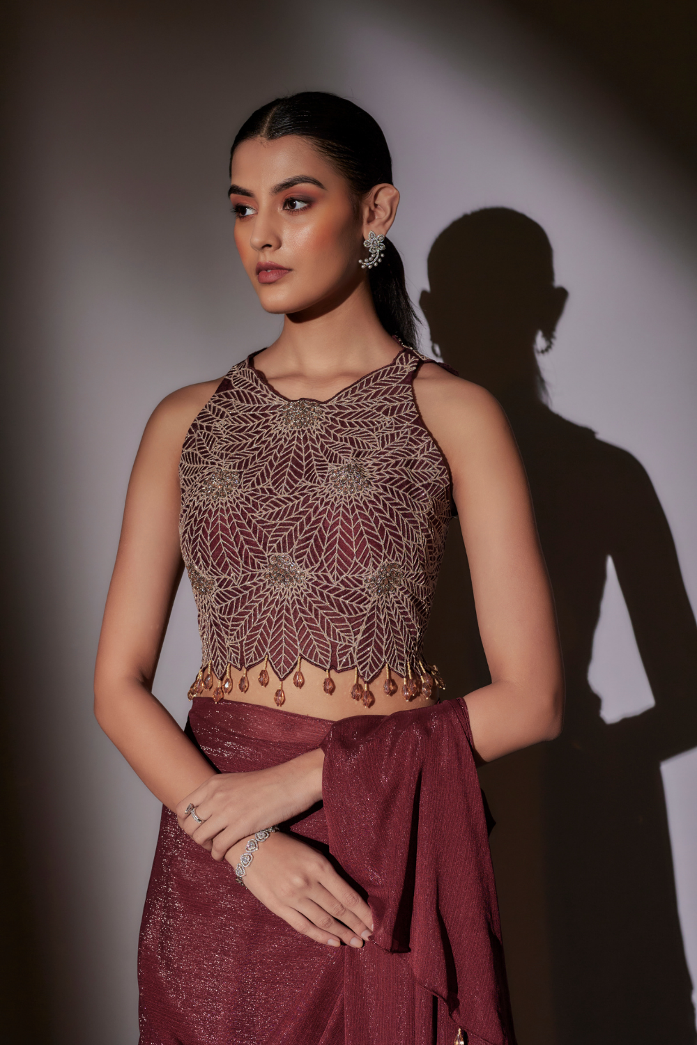 Sana Pre-Draped Wine Saree with Halter Neck Leaf Embroidery Blouse