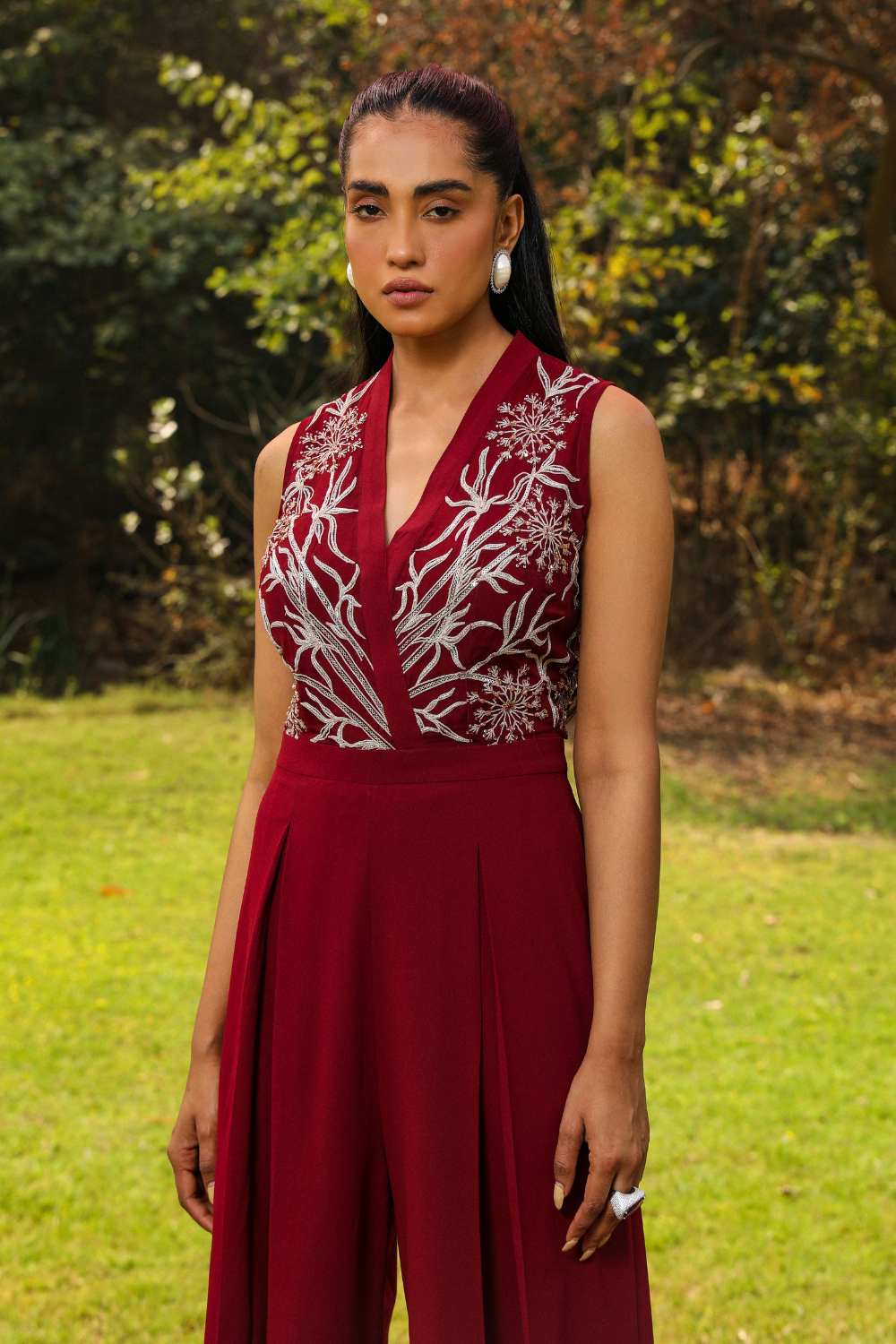 Flora Embroidered Wine Georgette Flared Jumpsuit for Weddings