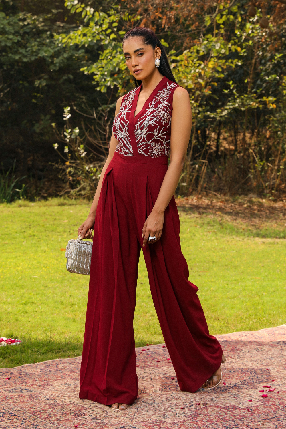 Flora Embroidered Wine Georgette Flared Jumpsuit for Weddings
