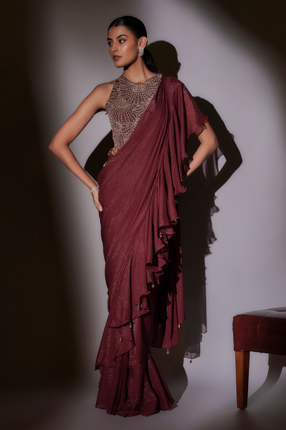 Sana Pre-Draped Wine Saree with Halter Neck Leaf Embroidery Blouse