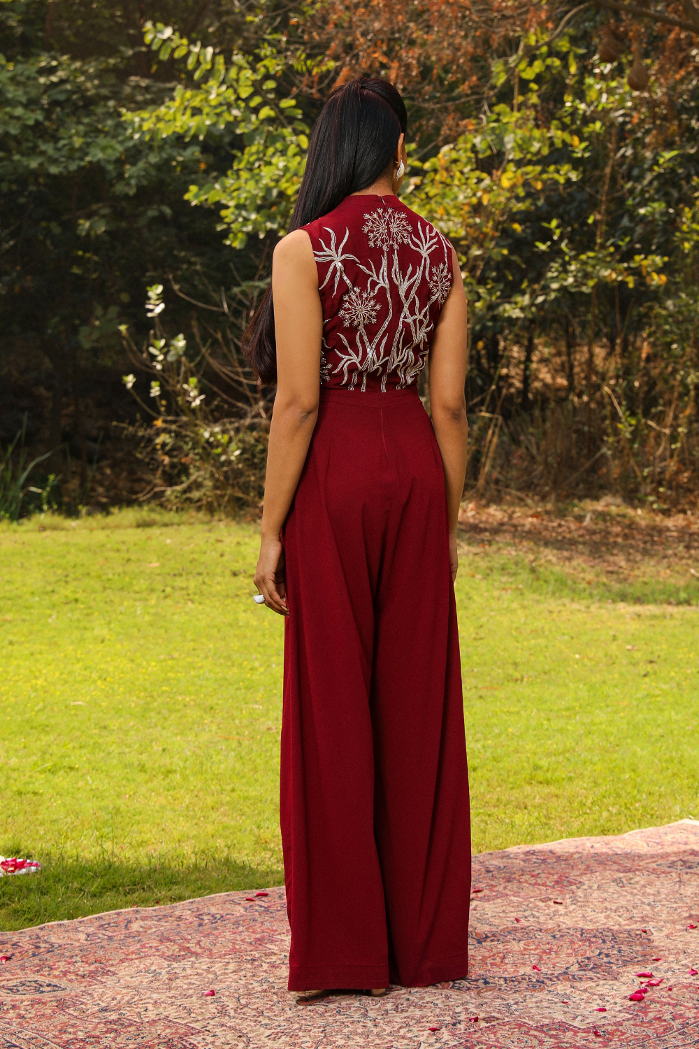 Flora Embroidered Wine Georgette Flared Jumpsuit for Weddings