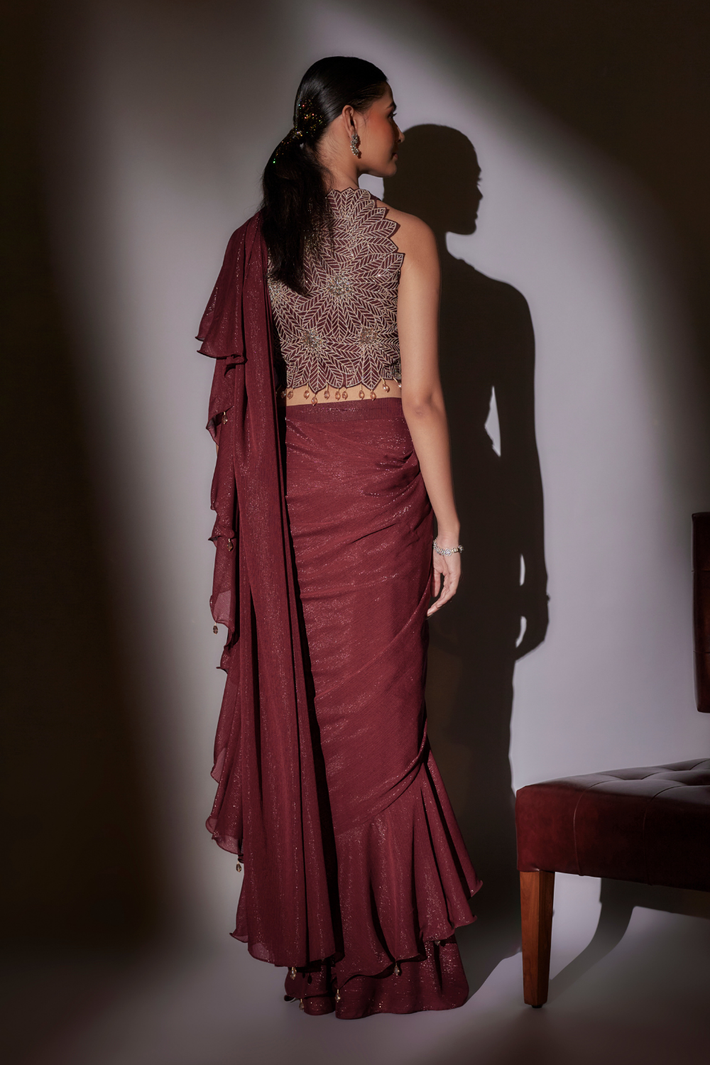 Sana Pre-Draped Wine Saree with Halter Neck Leaf Embroidery Blouse