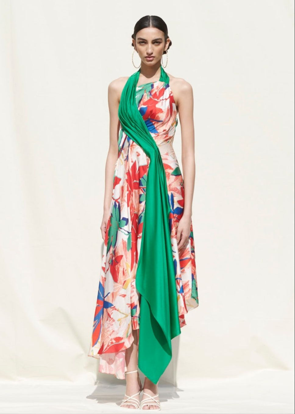 Tropical Multi Printed Asymmetric Drape Dress