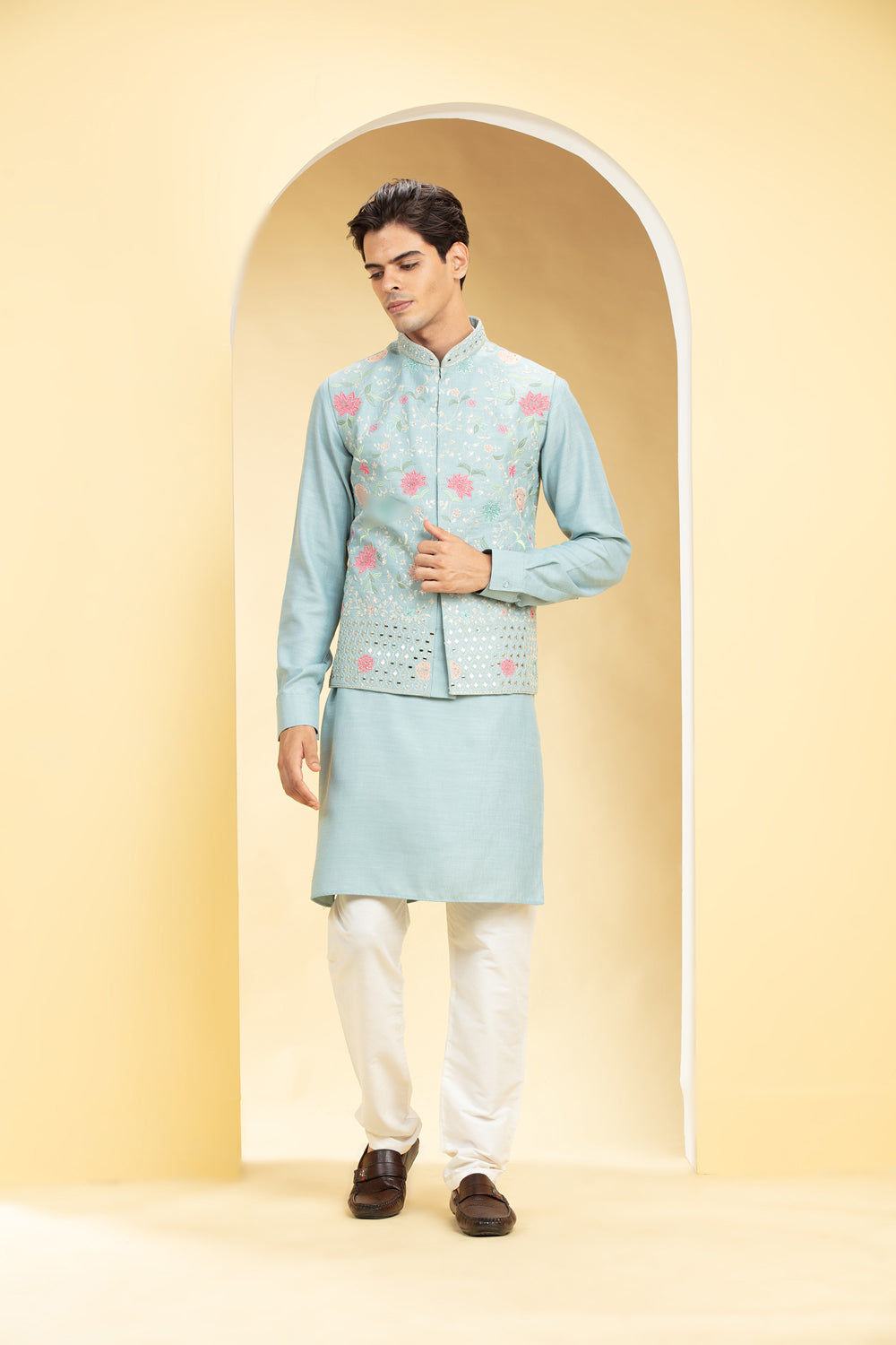 Baby Blue Kurta Jacket Set Kurta Set With Floral And Mirror Embroidery