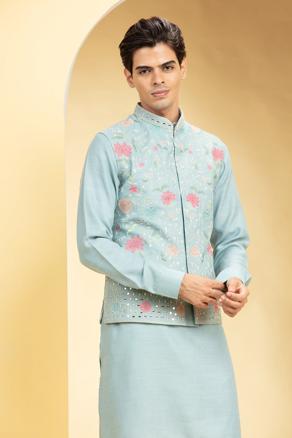 Baby Blue Kurta Jacket Set Kurta Set With Floral And Mirror Embroidery