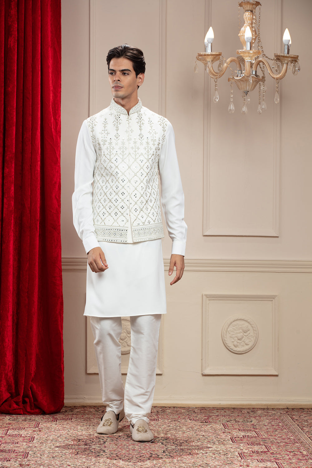 Porcelain White Kurta Jacket Set Kurta Set With Mirror Work