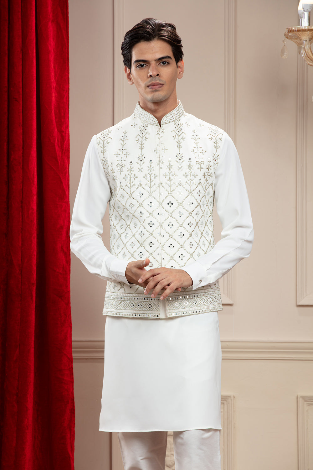 Porcelain White Kurta Jacket Set Kurta Set With Mirror Work