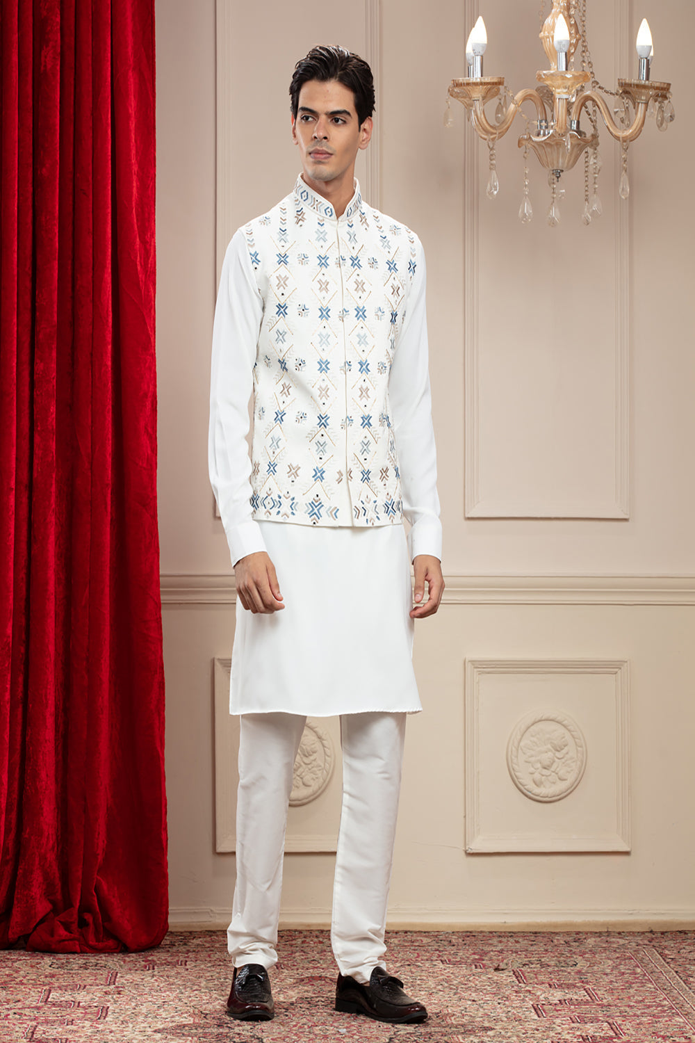 Daisy White Kurta Jacket Set Kurta Set With Mirror And Resham Thread Work