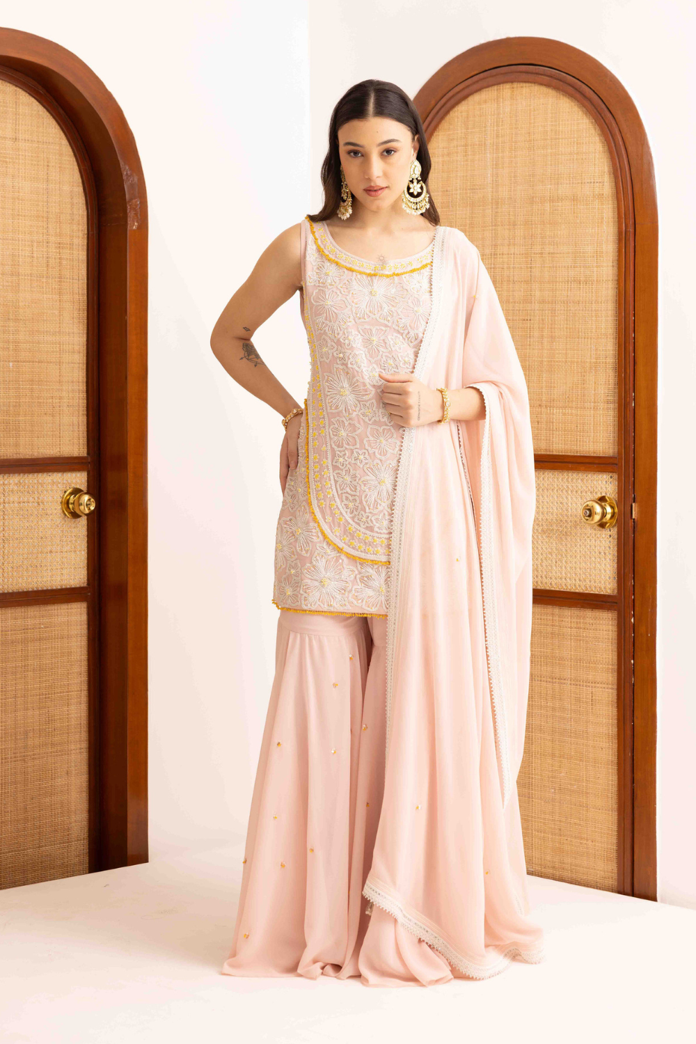 Rose Pink Georgette Floral Embroidered Short Kurta With Sharara