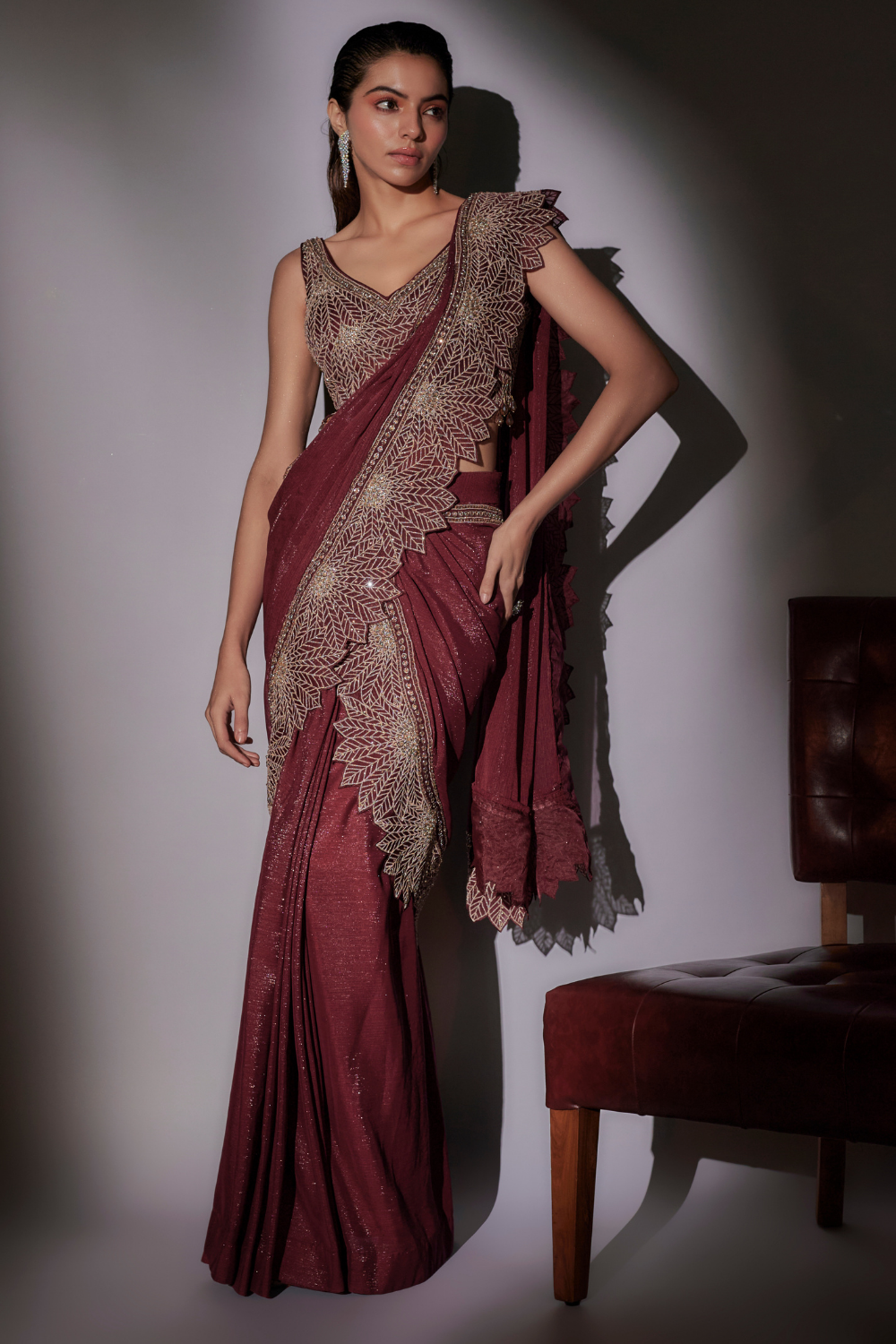 Sarah Wine Chiffon Lurex Pre-Draped Saree with Embroidered Blouse