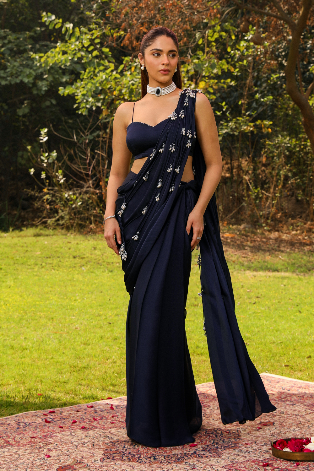 Navy Blue Mishri Droplet Strings Mermaid Pre-Draped Saree