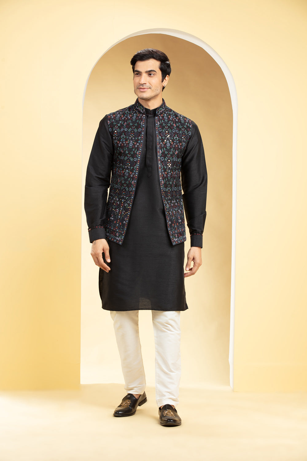 Jet Black Open Jodhpuri With Thread And Mirror Placement Work - Auraya Fashion - Riyaasat Men - #tag1# - #tag2# - #tag3# - #tag3#