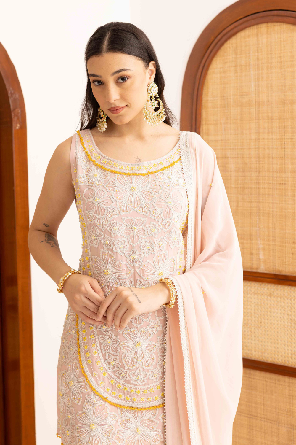 Rose Pink Georgette Floral Embroidered Short Kurta With Sharara