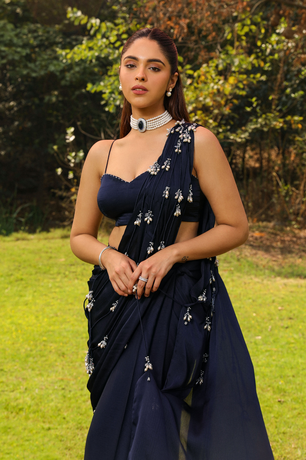 Navy Blue Mishri Droplet Strings Mermaid Pre-Draped Saree