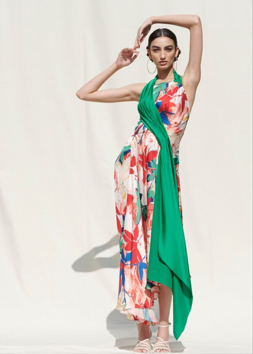 Tropical Multi Printed Asymmetric Drape Dress