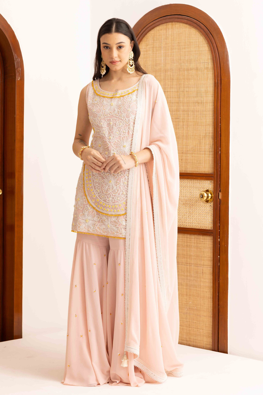 Rose Pink Georgette Floral Embroidered Short Kurta With Sharara
