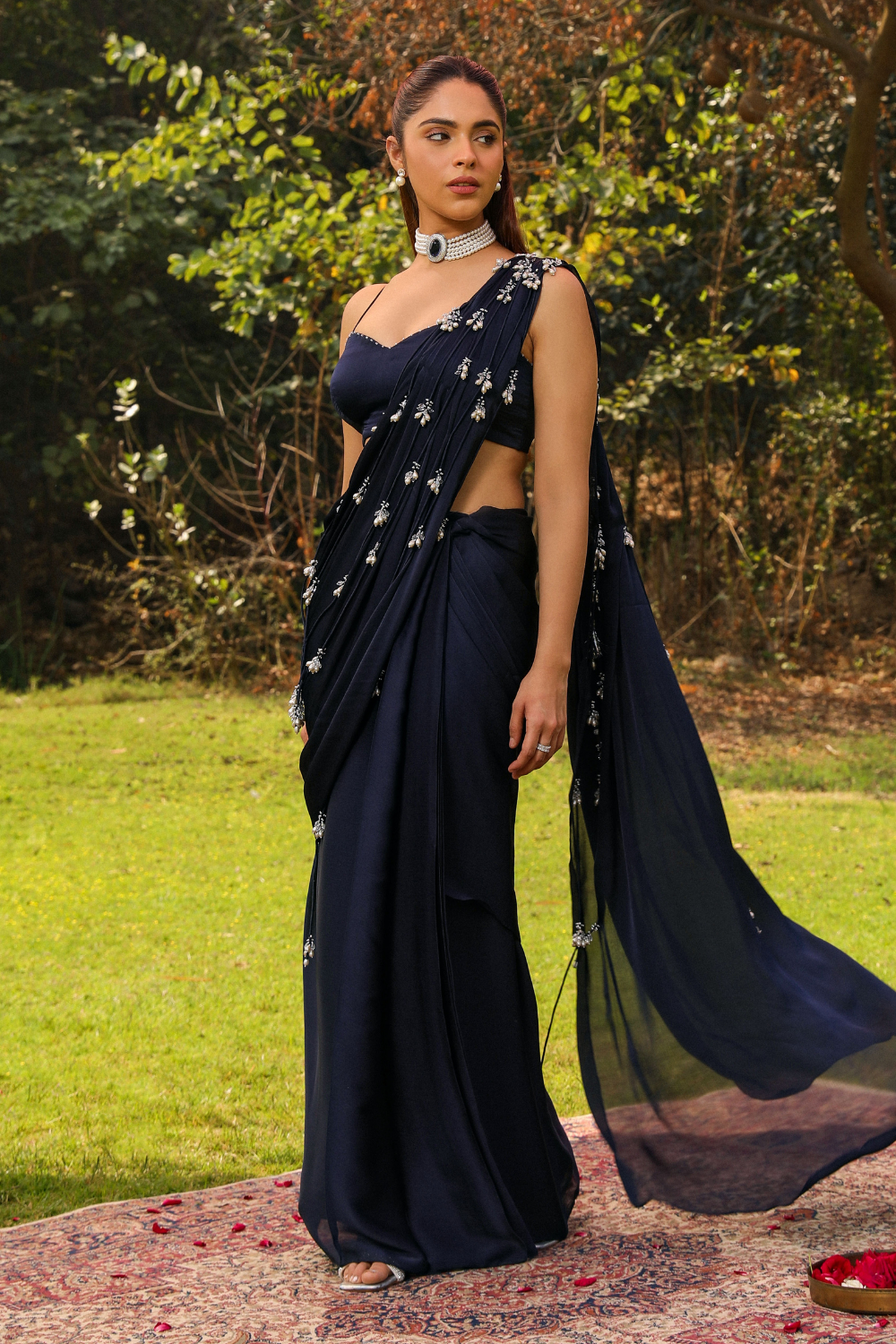Navy Blue Mishri Droplet Strings Mermaid Pre-Draped Saree