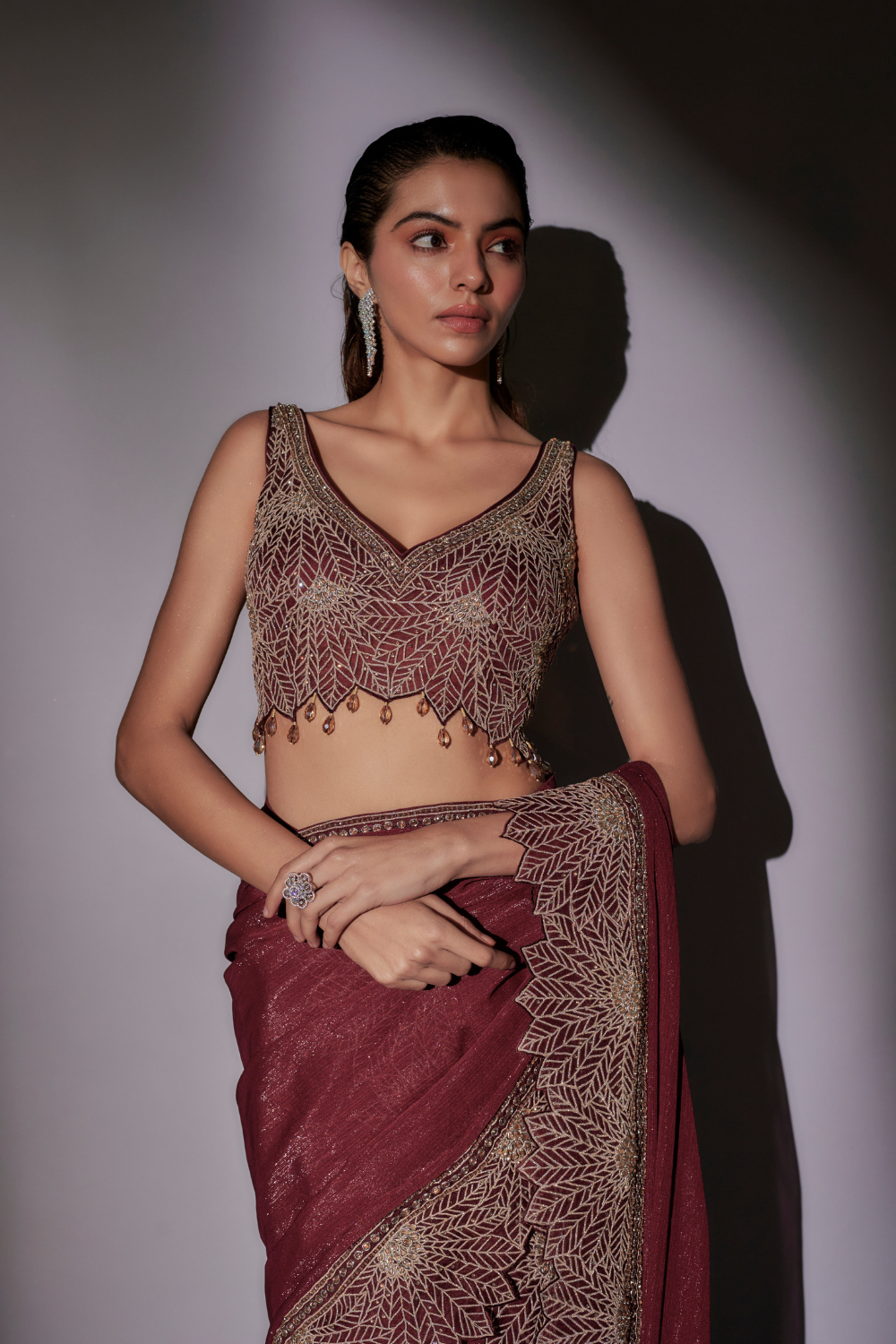 Sarah Wine Chiffon Lurex Pre-Draped Saree with Embroidered Blouse