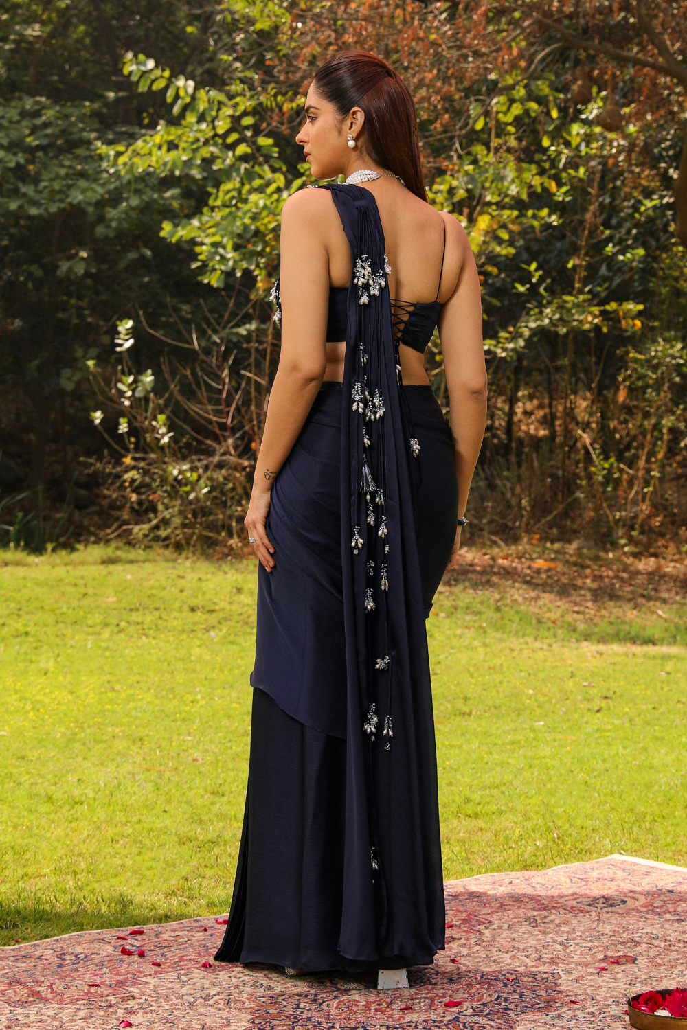Navy Blue Mishri Droplet Strings Mermaid Pre-Draped Saree