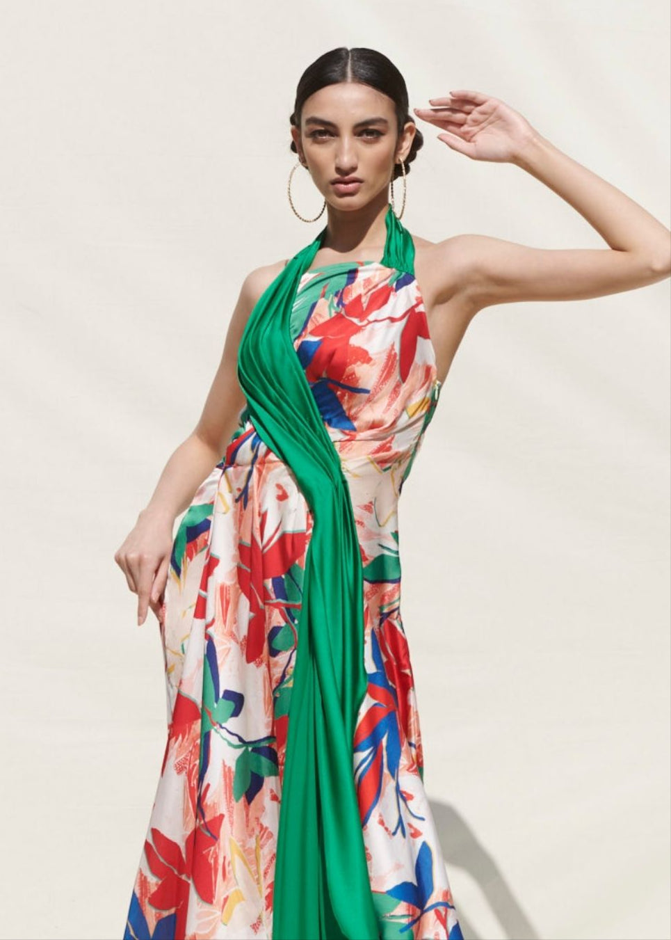 Tropical Multi Printed Asymmetric Drape Dress