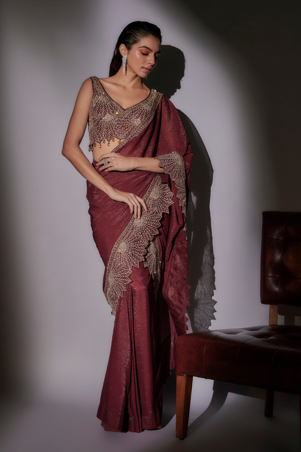 Sarah Wine Chiffon Lurex Pre-Draped Saree with Embroidered Blouse