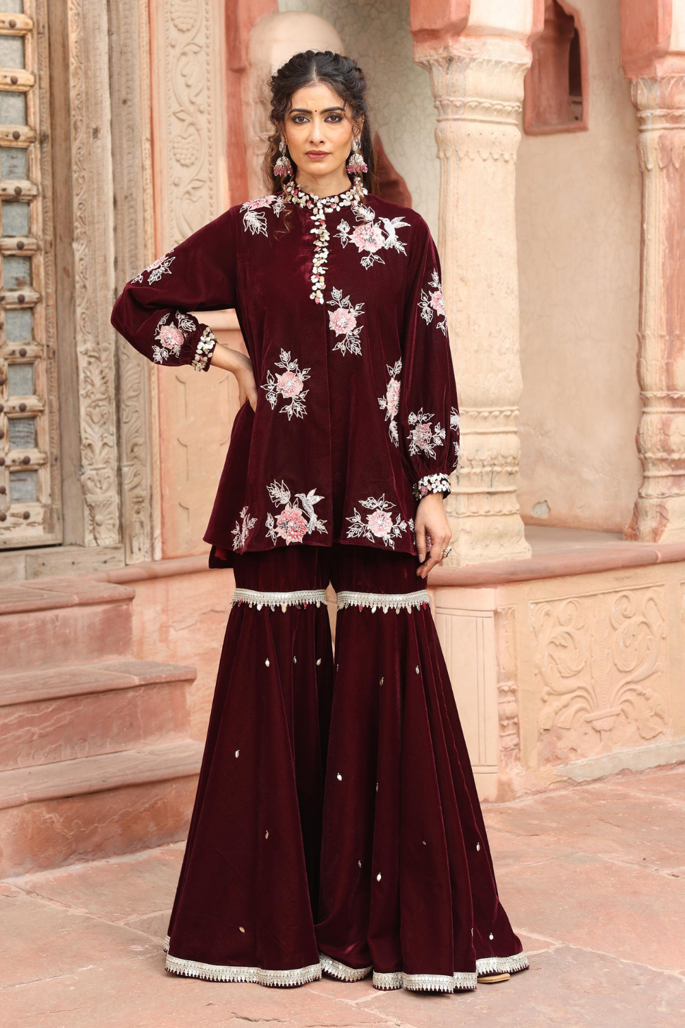 Wine Velvet Heavily Embroidered Kurta Sharara Set
