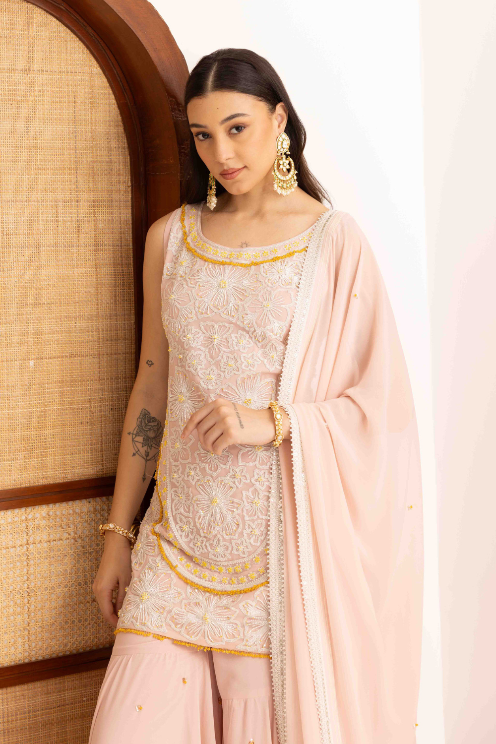 Rose Pink Georgette Floral Embroidered Short Kurta With Sharara