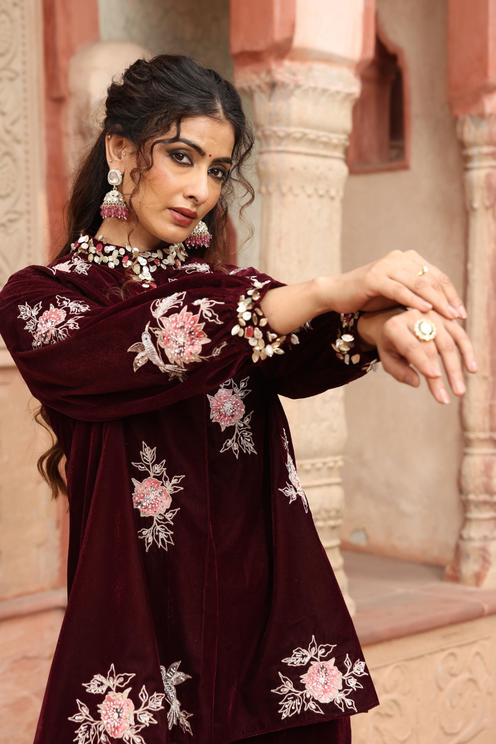 Wine Velvet Heavily Embroidered Kurta Sharara Set
