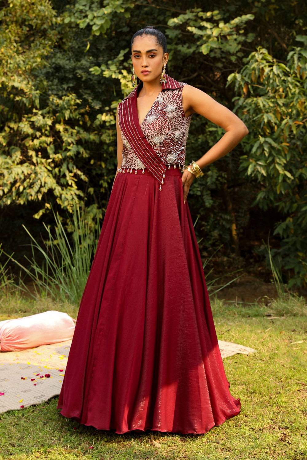 Aahana Wine Badla Embroidered Crop Jacket & Organza Skirt Set