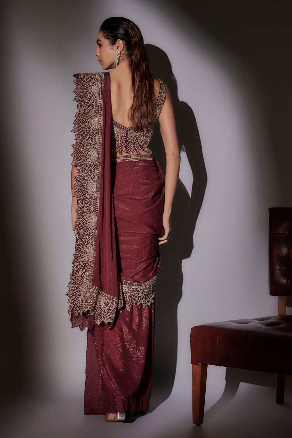 Sarah Wine Chiffon Lurex Pre-Draped Saree with Embroidered Blouse