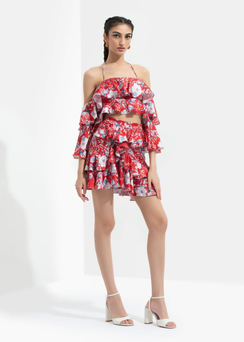 Ajisia Printed Cold Shoulder Blouse With Skirt