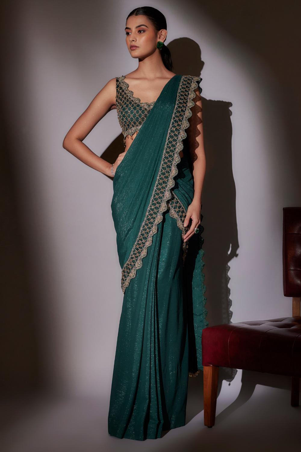 Rose Green Pre-Draped Saree with Heavy Hand Embroidered Blouse