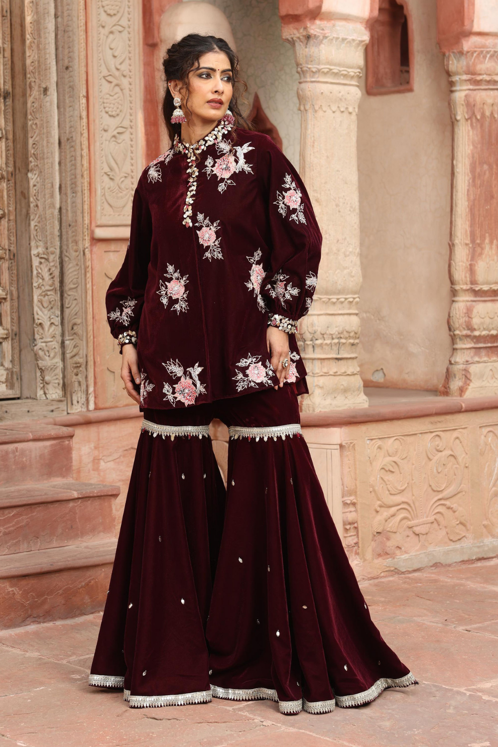 Wine Velvet Heavily Embroidered Kurta Sharara Set
